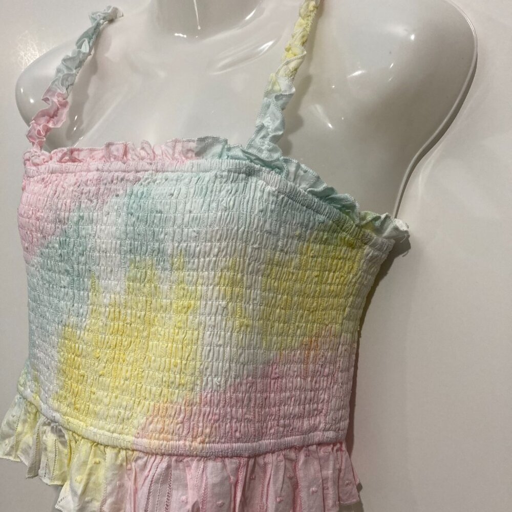 STORIA Womens Smoked Cropped Tank Top Straps Rainbow Pastel Ruffle Size L Life - Picture 4 of 8